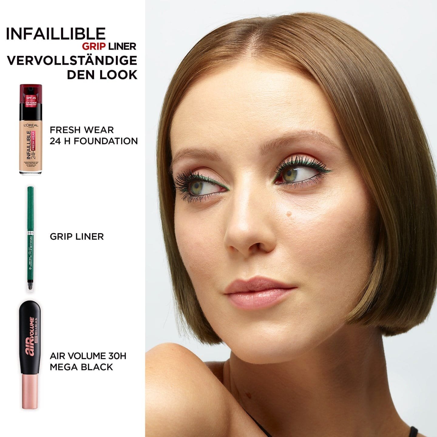 Gesicht einer jungen Frau mit Make-up und links davon unsere drei Produkte für diesen Look